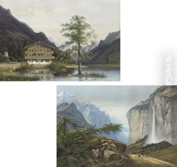 A Chalet Near A Mountain Lake; Strolling By The Waterfall Oil Painting by Henri Knip