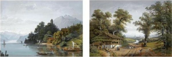 The Ruins Of Habsburg Castle 
Near Kussnacht, Luzern; A River Landscape With Bern In The Distance (a 
Pair) Oil Painting by Henri Knip