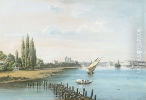 Italianriverlandscape With Some 
Sailing Boats, On The Left A Park And Atown At The Horizon Oil Painting by Henri Knip