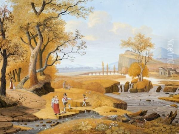 Arcadian Landscape With A Well And A Waterfall Oil Painting by Henri Knip