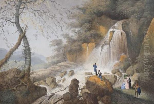 An Elegant Company Near The Cascade At Subiaco Near Rome Oil Painting by Henri Knip