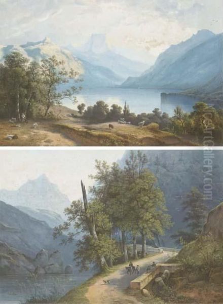 A View Of An Alpine Lake With A Shepherd And His Flock Oil Painting by Henri Knip