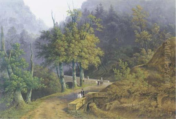 A Mountainous Wooded Landscape With A Draughtsman Oil Painting by Henri Knip