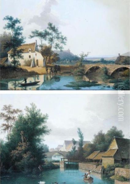 A Pair Of River Landscapes: With Peasants Fishing And Journeymen Watering Their Donkeys Oil Painting by Henri Knip