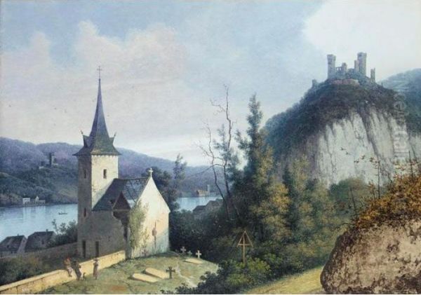 A Rhine View With A Church And A Ruined Castle On A Hill (possibly Oberwesel) Oil Painting by Henri Knip