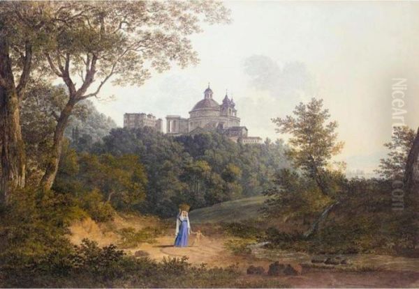 View Through Trees To The Church
 Of Sta Maria Dell'assunzione And The Palazzo Chigi At Ariccia Oil Painting by Henri Knip