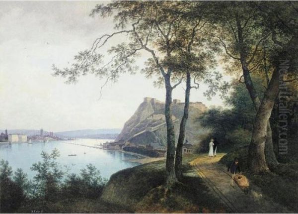 A Rhine View, With Koblenz To The Left And Ehrenbreitstein Opposite Oil Painting by Henri Knip