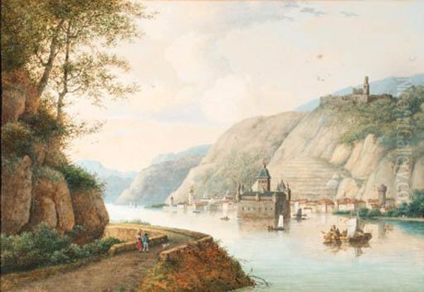 A View Of The Pfalzgrafenstein At Kaub On The River Rhine,gutenfels Castle Above Oil Painting by Henri Knip