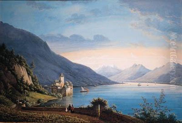 A View Of The Lake Of Geneva, 
With People Near A Vineyard In Theforeground Looking At Sailing-boats 
And A Castle Beyond Oil Painting by Henri Knip