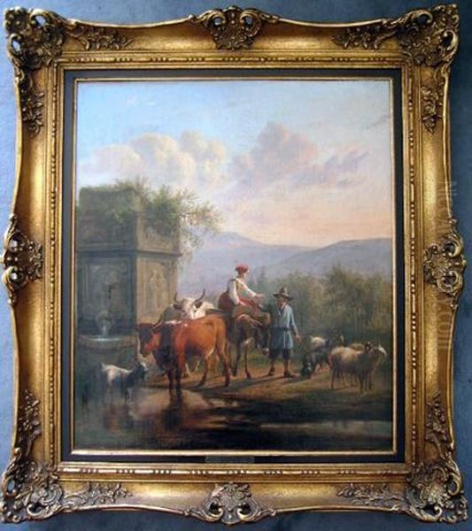 Hirtenpaar Mit Kuhen Und Schafen In Italienischer Landschaft Oil Painting by Joseph Augustus Knip