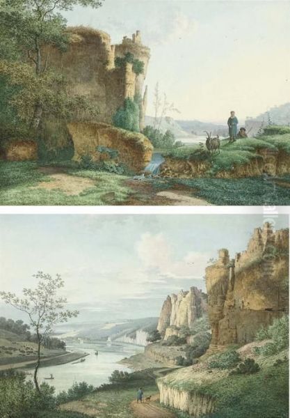 Shepherd Boys With A Dog Beneath
 A Ruined Castle On A Crag; And A Mountainous River Landscape Oil Painting by Joseph Augustus Knip