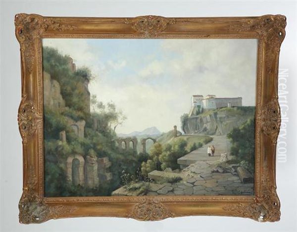 Two People Walking By Classical Ruins With A Building In The Background Oil Painting by Joseph Augustus Knip