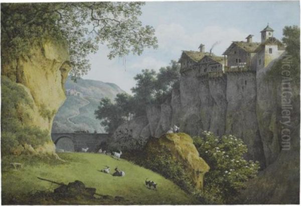 View Of A Ravine In The 
Mountains, Goats In The Foreground, Housesperched On A Cliff To The 
Right Oil Painting by Joseph Augustus Knip