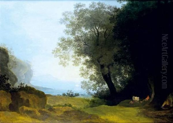 Berger Se Reposant Devant Un Rivage Au Soleil Couchant Oil Painting by Joseph Augustus Knip