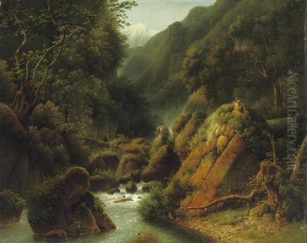 A Traveller In A Mountain Gorge Oil Painting by Joseph Augustus Knip