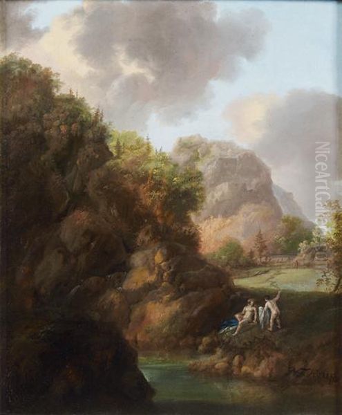 Baigneurs Au Bord D'une Riviere Oil Painting by Joseph Augustus Knip