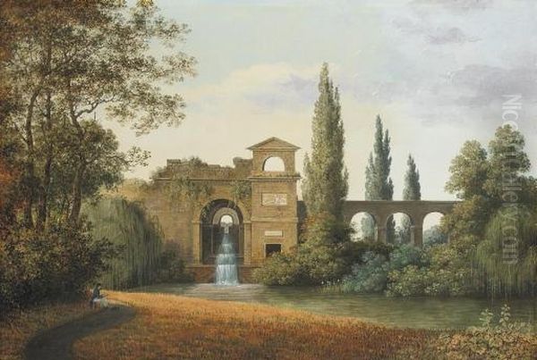 A View Of The Roman Fountain At 
Schwetzingen Palace, Heidelberg, A Painter Seated In The Foreground Oil Painting by Joseph Augustus Knip