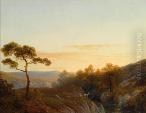 Early Morning In A Mountainous Landscape Oil Painting by Joseph Augustus Knip