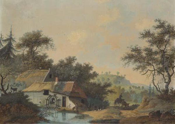 Un Paysage Avec Un Moulin A Eau 
Pres D'un Ruisseau, Une Charette Et Des Figures Au Premier Plan Oil Painting by Joseph Augustus Knip