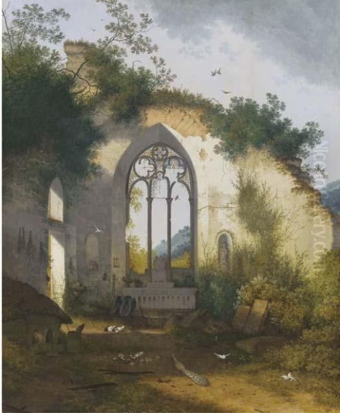 A Ruined Chapel With A Pig Sty, Poultry And A Peacock Sheltering In The Apse Oil Painting by Joseph Augustus Knip