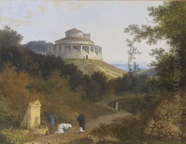 An Extensive Landscape With 
Peasants And A Priest By A Fountain, A Circular Basilica On A Hill 
Beyond Oil Painting by Joseph Augustus Knip