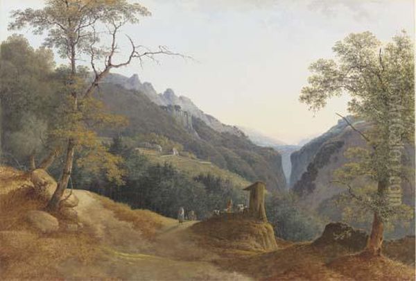 An Extensive Landscape With Travellers At A Roadside Shrine, A Steep Gorge Beyond Oil Painting by Joseph Augustus Knip