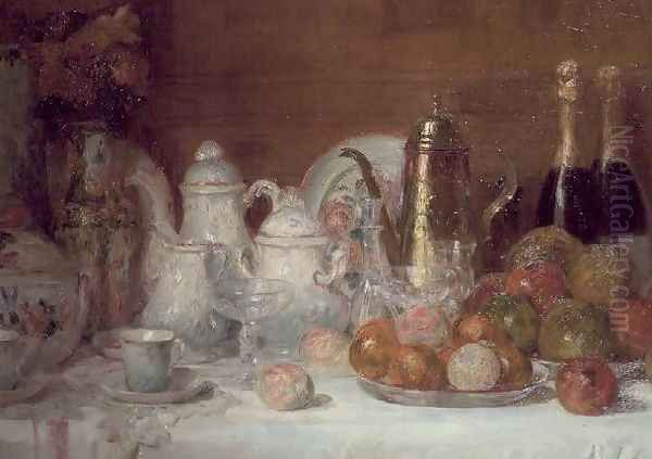 Still Life with Fruit and Champagne Bottles Oil Painting by Charles Couche