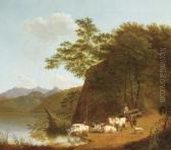 Oxen Resting By The Lakeside, Italy Oil Painting by Joseph Augustus Knip