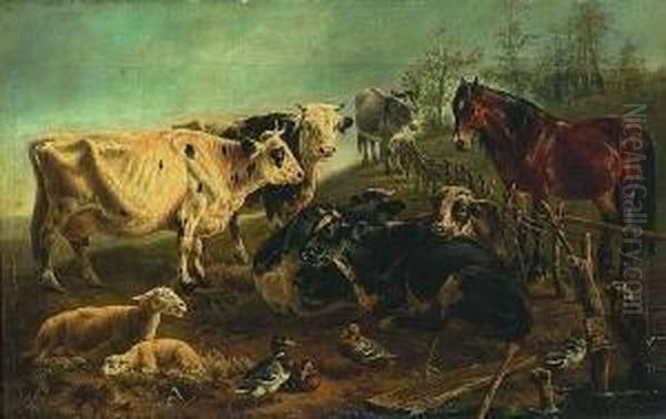 Schafe, Kuhe, Pferd, Esel Und
 Enten Auf Der Weide Oil Painting by Joseph Augustus Knip