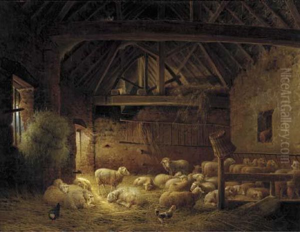 A Flock Of Sheep In A Stable Oil Painting by Joseph Augustus Knip