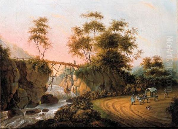 Peasants Returning From A Market On A Road By A Waterfall In Anitalianate Landscape Oil Painting by Joseph Augustus Knip