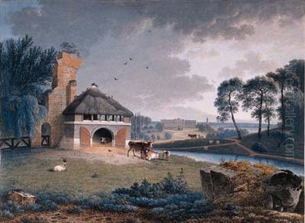 A Landscape With Cattle By A Barn On A Rise, A Palace Beyond Oil Painting by Joseph Augustus Knip