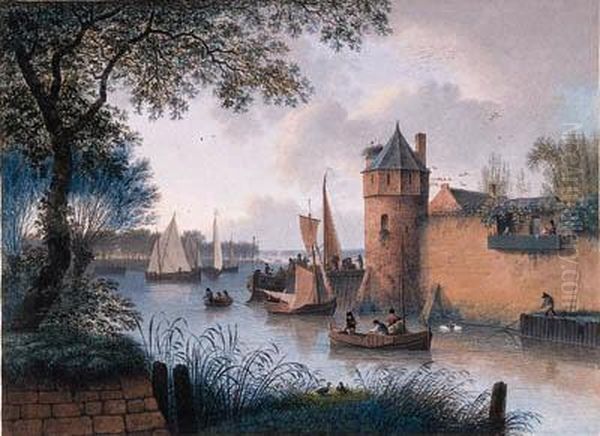 A Town Wall With A Jetty By A 
Tower At An Estuary And Fishermenmooring, Elegant Company Looking On 
From A Balcony Oil Painting by Joseph Augustus Knip