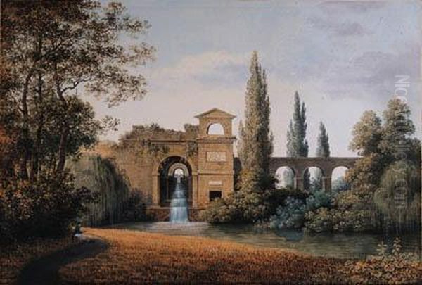 A View Of An Aqueduct With An 
Artificial Waterfall, A Seateddraughtsman In The Foreground Oil Painting by Joseph Augustus Knip