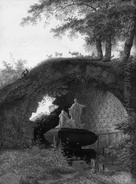 A Classical Tombbeneath A Ruined
 Antique Vault In A Landscape Withgoats, And A Shepherd Playing With His
 Dog; And A Young Man Readinga Letter On A Bench In Front Of A Pyramid, 
In A Wooded Landscapewith A Lake And A Boat In The Foreground Oil Painting by Joseph Augustus Knip