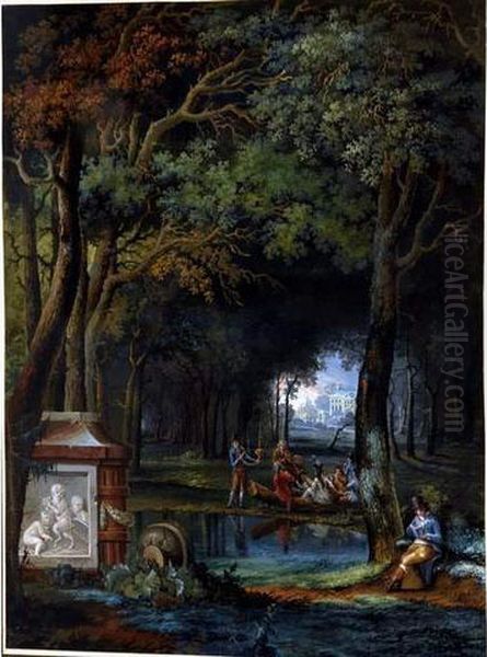 Scene De Parc Animee Gouache, Porteun Cartouche 42 X 32,5 A Vue Oil Painting by Martheus Derk Knip