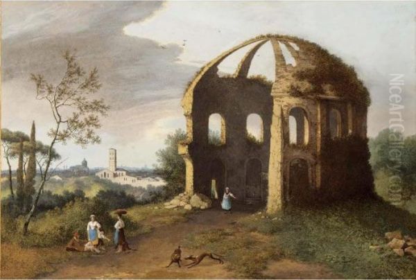 A View Of Rome With The Temple 
Of Minerva Medica, Women, Children And A Man In The Foreground Together 
With Dogs Oil Painting by Martheus Derk Knip