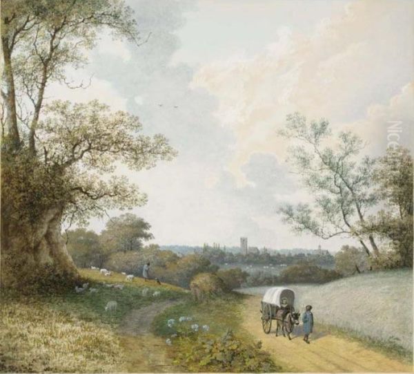 A View Of Vught, A Shepherd, His
 Dog And Flock Next To The Road And An Ox-cart With A Woman In The 
Foreground Oil Painting by Martheus Derk Knip