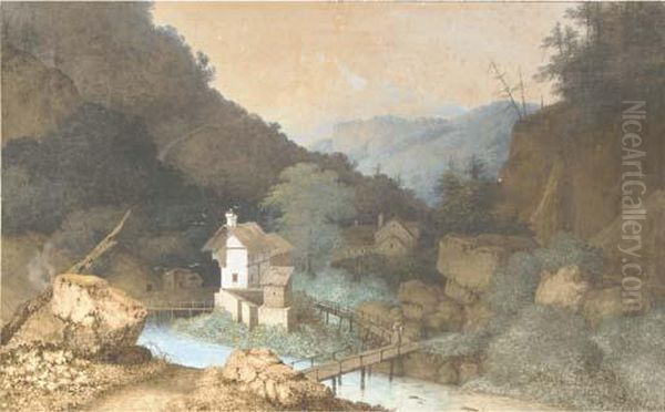 Farmhouses By A Bridge Over A River In A Mountanious Landscape Oil Painting by Martheus Derk Knip