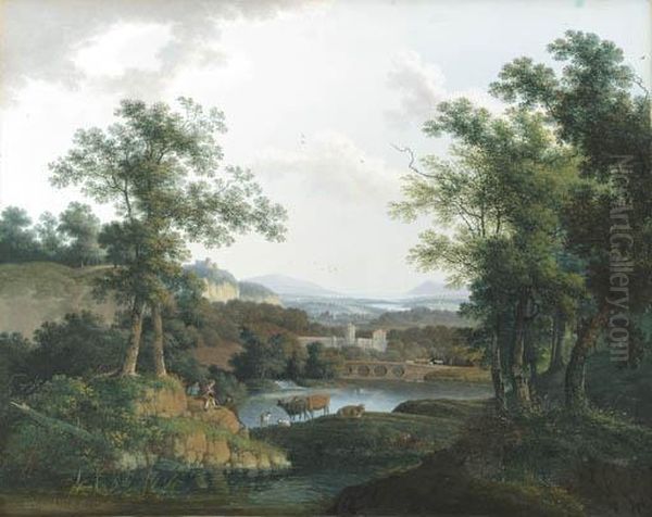 An Extensive Wooded River 
Landscape With Shepherds And Their Cattle In The Foreground, A City 
Beyond Oil Painting by Martheus Derk Knip