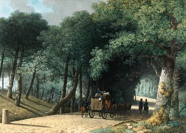 A Road Entering A Forest With A Group Of Soldiers Attacking Acarriage Oil Painting by Martheus Derk Knip