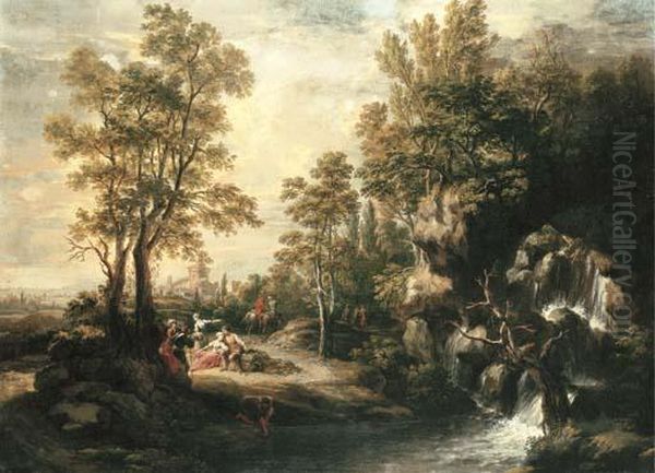 Peasants Resting By A Waterfall Oil Painting by Martin Knoller