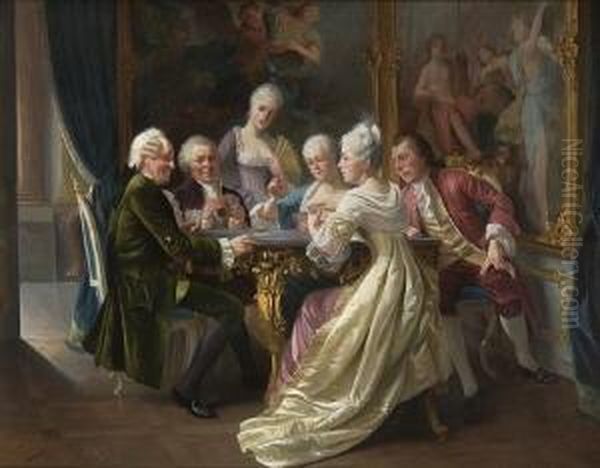 Rokokogesellschaft Beim
 Kartenspiel. Oil Painting by August Knoop