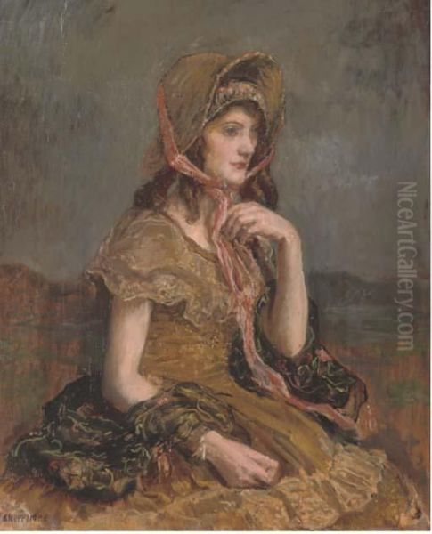 Portrait Of A Lady, Seated Half-length, In A Brown Dress Andbonnet Oil Painting by Imre, Emerich Knopp