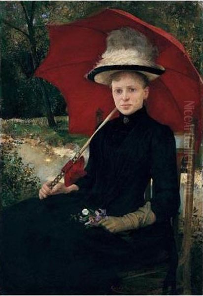 The Red Parasol Oil Painting by Imre, Emerich Knopp