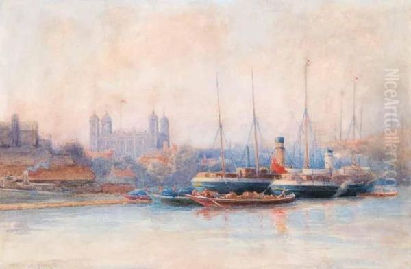 Evening On The Thames Oil Painting by Farquhar Mcgillivr. Knowles