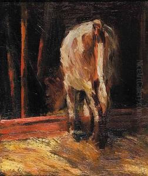 Untitled - Study Of A Cow Feeding Oil Painting by Farquhar Mcgillivr. Knowles