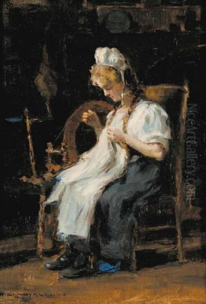 Untitled - Lady Sewing Oil Painting by Farquhar Mcgillivr. Knowles