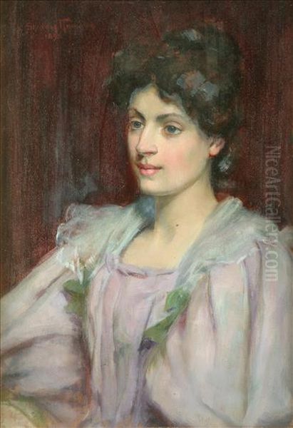 Portraitstudy Of A Young Woman Head And Shoulders, Wearing A Lilac Dress Oil Painting by Georges Sheridan Knowles