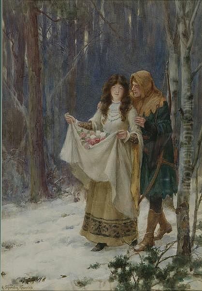 Young Lady With Apron Full Of Roses And Companion Archer On A Snowy Woodland Path Oil Painting by Georges Sheridan Knowles